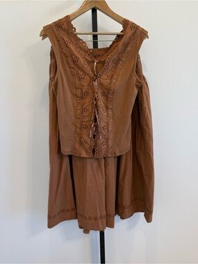 NWT Free People Gesibelle Skirt Set Brown Embroidered Boho Cottage Feminine Lg